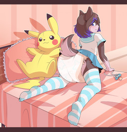 ageplay all_fours ambiguous_gender animal_plushie anthro bed bedding blanket blue_eyes blush bottomwear brown_body brown_fur butt clean_diaper clothed clothing crossdressing diaper diaper_fetish diaper_under_clothing exposed_diaper fur furniture heart_clothing heart_diaper heart_pattern heart_print heart_symbol heart_underwear infantilism monotone_bottomwear monotone_clothing monotone_skirt pacifier pattern_diaper pikachu_plushie pillow plushie pokemon_plushie roleplay skirt smile solo star star_pattern star_polygon star_print starry_diaper underwear wearing_diaper bubblepuppers nintendo pokemon kino_strife canid canine canis domestic_dog generation_1_pokemon husky inanimate_object mammal nordic_sled_dog pikachu pokemon_(species) rodent spitz hi_res