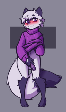 3_toes 5_fingers anthro balls biped blush bodily_fluids bottomless bottomless_anthro bottomless_male clothed clothed_anthro clothed_male clothing clothing_lift diamond_(marking) dipstick_tail eyebrows feet fingers front_view fur genital_fluids genitals hair leg_markings looking_at_viewer male markings mismatched_eyebrows navel partially_clothed partially_clothed_anthro partially_clothed_male penis precum purple_clothing purple_eyes purple_nose purple_penis purple_sweater purple_topwear purple_turtleneck smile socks_(marking) solo standing sweater sweater_lift tail tail_markings toes topwear topwear_only turtleneck white_body white_fur white_hair white_tail mewgle dust_(mewgle) arctic_fox canid canine fox mammal true_fox 2025 digital_drawing_(artwork) digital_media_(artwork) hi_res nonbinary_(lore)