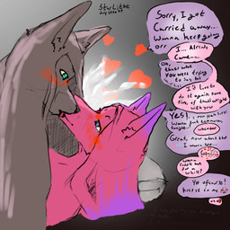 anthro bodily_fluids cum cum_inside dialogue duo female femboy genital_fluids hair heart_eyes heart_symbol implied_orgasm kissing kissing_while_penetrating long_hair male male/female profanity requesting sex sex_request text starlithe star_chrono_(starlithe) stella_starlight_(starlithe) canid canine fox mammal 1:1 english_text hi_res