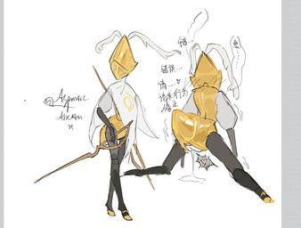 anthro arthropod_abdomen black_legs blush blush_lines bodily_fluids cloak clothing dripping_vulva female genital_fluids genitals glistening glistening_body heart_symbol holding_object holding_weapon kneeling machine metallic_body no_pupils pose shaking simple_background speech_bubble spread_legs spreading text trembling vulva weapon yellow_body alretta hollow_knight:_silksong hollow_knight_(franchise) team_cherry second_sentinel arthropod insect robot 2025 chinese_text digital_drawing_(artwork) digital_media_(artwork) full-length_portrait hi_res portrait shaded translated