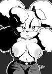 anthro areola belt big_breasts black_horn black_nose bottomwear breasts clothed clothing ears_down eyelashes female front_view fur grey_areola grey_background grey_bottomwear grey_clothing grey_eyes grey_nipples grey_pants head_tuft horn huge_breasts navel nipples pants pivoted_ears simple_background solo topless tuft white_body white_fur xenrevv idw_publishing sega sonic_the_hedgehog_(comics) sonic_the_hedgehog_(idw) sonic_the_hedgehog_(series) lanolin_the_sheep_(sonic) bovid caprine mammal sheep hi_res monochrome