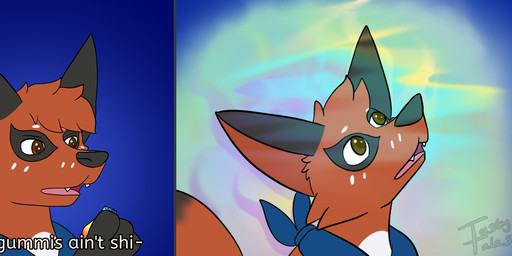 ambiguous_gender black_body black_fur blue_background blue_kerchief blue_neckerchief brown_eyes cheek_tuft dipstick_tail drugs facial_tuft feral fur gummi_(pmd) head_tuft kerchief looking_up markings neckerchief neckwear open_mouth pattern_background psychedelic red_body red_fur simple_background solo tail tail_markings teeth text tuft white_body white_fur tastytales nintendo pokemon pokemon_mystery_dungeon spike_chunsoft z_(tastytales) generation_8_pokemon nickit pokemon_(species) comic english_text hi_res meme signature male_(lore)
