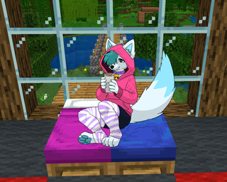 anthro bamboo bed bell bell_collar beverage big_tail blep bottomwear bridge claws clothing coffee coffee_mug collar farm flower furniture grass hair hair_over_eye hoodie hotpants leaf legwear male markings one_eye_obstructed plant rug screencap screencap_background shorts solo tail tail_markings thigh_highs tongue tongue_out topwear torch tree vines water window wood .xil0. microsoft minecraft mojang xbox_game_studios plus_(.xil0.) canid canine canis mammal wolf 5:4 absurd_res hi_res shaded