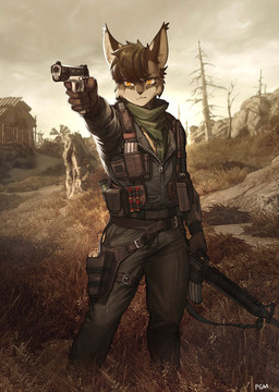 5_fingers ammunition anthro bottomwear clothed clothing countershading detailed_background fingers fully_clothed fur gloves gun hair handwear inner_ear_fluff male outside pants ranged_weapon screencap screencap_background solo tuft weapon yellow_eyes pgm300 fallout microsoft felid feline lynx mammal 2022 absurd_res digital_media_(artwork) hi_res shaded signature