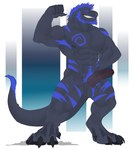 4_toes abs anthro arm_markings balls beard big_penis black_body black_scales blue_body blue_hair blue_markings blue_scales body_hair chest_markings claws digitigrade eyebrow_piercing facial_hair facial_piercing feet flexing flexing_bicep genitals grin hair happy_trail humanoid_genitalia humanoid_penis male markings muscular muscular_anthro muscular_male nipples nose_piercing nose_ring pawpads pecs penis piercing pubes ring_piercing scales septum_piercing septum_ring shoulder_markings smile solo standing striped_body striped_scales stripes tail tail_tuft toe_claws toes tuft killianroo noxx_(noxx_thepanther) dinosaur prehistoric_species reptile scalie absurd_res hi_res