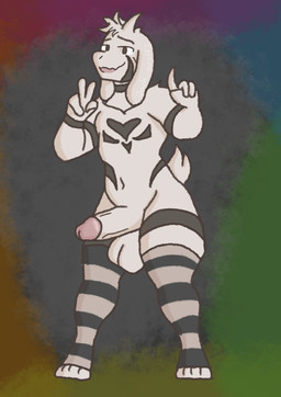 anthro circumcised clothing femboy fluffy fluffy_tail genitals gesture hand_gesture heart_symbol horn legwear male male/male markings penis short_tail simple_background solo tail thigh_highs v_sign jack_acetf2 undertale undertale_(series) asriel_dreemurr asriel_dreemurr_(god_form) bovid caprine goat mammal monster absurd_res hi_res