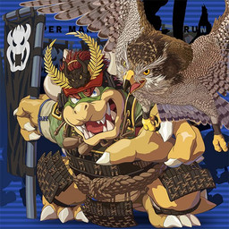 3_toes 4_fingers armor biped blue_eyes detailed_feathers duo feathers feet feral fingers holding_banner samurai samurai_armor talons toes warrior masabowser mario_bros nintendo bowser koopa scalie 1:1 2017 colored detailed