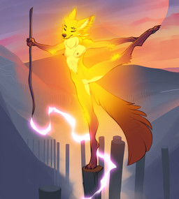 4_ears anthro barbell_piercing black_lips black_nose breasts dipstick_tail electricity electricity_manipulation elemental_manipulation erect_nipples eyebrow_piercing facial_piercing female fur genitals gloves_(marking) glowing glowing_body glowing_fur leg_markings lips markings multi_ear navel neck_tuft nipples nude nude_female piercing socks_(marking) solo stick tail tail_markings tuft vulva whisker_spots yellow_body yellow_fur discreet_user mylar_(discreet_user) canid canine fox fyre_fox mammal 2022 hi_res