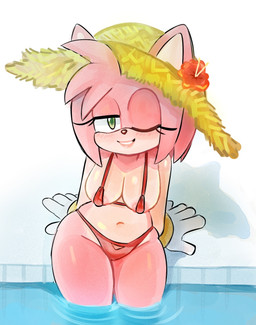 anthro areola areola_slip big_breasts bikini black_nose blush blush_lines bracelet breasts clothing eyelashes female front_view fur gloves green_eyes hair handwear hat head_tuft headgear headwear jewelry looking_at_viewer navel one_eye_closed partially_submerged pink_areola pink_body pink_fur pink_hair red_bikini red_clothing red_swimwear short_hair simple_background sitting smile solo straw_hat sun_hat swimming_pool swimwear tan_body tan_fur thick_thighs tuft two-piece_swimsuit white_background white_clothing white_gloves white_handwear wide_hips wink winking_at_viewer 2x_(artist) sega sonic_the_hedgehog_(series) amy_rose eulipotyphlan hedgehog mammal hi_res