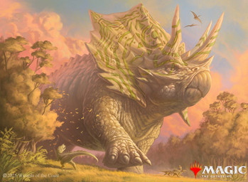 ambiguous_feral ambiguous_gender cloud day detailed_background facial_horn feral forest grass group horn looking_up macro markings nature nature_background nose_horn outside plant solo_focus tail text tree walking josiahcameron hasbro magic:_the_gathering wizards_of_the_coast ceratopsian ceratopsid chasmosaurine dinosaur marginocephalian ornithischian prehistoric_species reptile scalie english_text hi_res official_art