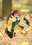 anthro anthro_on_anthro basket beverage biped blue_body blue_skin blush canon_couple clothing coat container dress duo ear_fins eye_contact female female/female fin food grass hair leaf looking_at_another on_lap picnic_basket picnic_blanket plant purse red_hair sandwich_(food) sitting thermos topwear tree yellow_body yellow_sclera yellow_skin asagi_009c9e undertale_(series) alphys undyne animal_humanoid dinosaur fish fish_humanoid humanoid marine marine_humanoid prehistoric_species reptile scalie hi_res