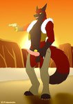 anthro bottomwear clothed clothing crotchless_bottomwear crotchless_clothing crotchless_pants erection gun hand_on_hip male open_clothing open_shirt open_topwear pants ranged_weapon shirt solo topwear vest weapon wild_west palmarianfire blaze_wolf canid canine canis mammal wolf hi_res