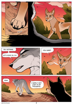 ambiguous_feral ambiguous_gender dialogue digitigrade duo feral quadruped papupaws arne_(papupaws) ivy_(papupaws) canid canine canis coyote mammal wolf comic hi_res female_(lore) male_(lore)