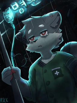 blood bodily_fluids bruised hospital male post-apocalyptic sad solo squirrel_tail tears rice38 canid canine canis human mammal wolf 3:4 hi_res