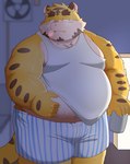 anthro belly big_belly blue_boxers blue_clothing blue_underwear boxers_(clothing) brown_body brown_fur cigarette clothing fur kemono male multicolored_body multicolored_fur orange_body orange_fur overweight overweight_anthro overweight_male pink_nose shirt smoking solo tan_body tan_fur tank_top topwear underwear white_clothing white_shirt white_tank_top white_topwear puss3250 felid mammal pantherine tiger 2024 hi_res