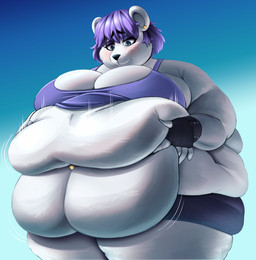 5_fingers anthro belly belly_grab belly_overhang big_belly big_breasts black_eyebrows black_nose blue_eyes blush bottomwear breasts cleavage clothed clothing deep_navel ear_piercing eyebrows female fingerless_gloves fingers gloves hair handwear huge_belly navel navel_piercing obese obese_anthro obese_female overweight overweight_anthro overweight_female piercing purple_hair shirt shorts solo topwear huwon bear mammal polar_bear ursine hi_res shaded