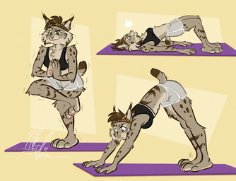 4_toes anthro barefoot boxer_briefs claws clothed clothing concentration exercise feet female focused pawpads pink_pawpads solo stretching toes underwear workout yoga yoga_mat nicnak044 nicole_(nicnak044) canada_lynx felid feline lynx mammal digital_media_(artwork)