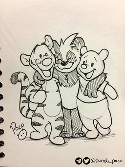 anthro chest_tuft closed_smile dot_eyes eyes_closed featureless_crotch group logo male male_anthro markings mouth_closed nude open_mouth open_smile simple_background simple_eyes smile standing striped_arms striped_legs striped_markings striped_tail stripes tail tail_markings trio tuft pandapaco disney winnie_the_pooh_(franchise) pooh_bear tigger bear felid giant_panda mammal pantherine tiger 3:4 artist_logo monochrome signature