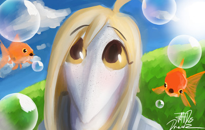 ahoge anthro blonde_hair blue_sky brown_eyes bubble day female freckled_face freckles front_view frutiger_aero hair long_hair orange_body orange_scales outside scales sky snout solo text white_body white_scales yellow_sclera joebamna cavemanon_studios puppet_pals snoot_game judee aquatic cyprinid cypriniform dinosaur fish goldfish prehistoric_species reptile saurischian scalie theropod troodon troodontid 2026 absurd_res artist_name digital_drawing_(artwork) digital_media_(artwork) hi_res signature