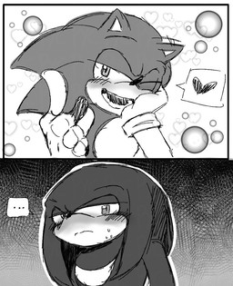 anthro black_nose blush bodily_fluids clothing duo gloves handwear heart_symbol male one_eye_closed pointy_ears smile sweat white_clothing white_gloves white_handwear wink pyc.drawing sega sonic_the_hedgehog_(series) knuckles_the_echidna sonic_the_hedgehog echidna eulipotyphlan hedgehog mammal monotreme comic hi_res monochrome
