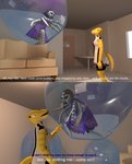 anthro apartment bubble clothing dialogue dress duo female floor floral furniture in_bubble inside sofa text tile tile_floor trapped skeletorskeletonized c4d arachnid arthropod lizard reptile scalie spider 3d_(artwork) cinema_4d_(artwork) digital_media_(artwork) english_text hi_res