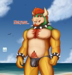 anthro areola barazoku beach biped body_hair bulge chest_hair clothing detailed_bulge genital_outline male male_anthro nipples pecs penis_outline pubes solo speedo swimwear ryoryoryo_20 mario_bros nintendo bowser koopa scalie 3d_(artwork) absurd_res digital_media_(artwork) hi_res
