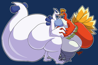 anthro big_breasts big_butt biped breast_squish breasts breasts_frottage butt duo female female/female french_kissing hand_holding huge_breasts huge_butt huge_thighs hyper hyper_breasts hyper_butt kissing licking_tongue side_view squish standing tail thick_thighs tongue snekkobean nintendo pokemon generation_2_pokemon ho-oh legendary_pokemon lugia pokemon_(species) alpha_channel hi_res