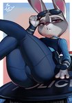 anthro armwear bottomwear breasts camel_toe car clothed clothing eyebrows eyewear female fingers fur grey_body grey_fur long_ears looking_at_viewer narrowed_eyes on_car pants police police_uniform purple_eyes solo sunglasses tight_clothing topwear uniform vehicle qupostuv35 disney zootopia judy_hopps lagomorph leporid mammal rabbit hi_res signature