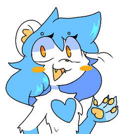4_fingers anthro big_ears big_eyes biped blue_eyebrows blue_hair blue_heart blush blush_stickers blush_through_hair chest_markings claws countershade_hair eyebrow_through_hair eyebrows eyelashes fangs female finger_claws fingers glistening glistening_eyes gloves_(marking) hair handpaw happy heart_(marking) heart_symbol inner_ear_fluff long_eyelashes long_hair markings open_mouth orange_blush orange_eyes pawpads paws raised_arm simple_background snout solo standing teeth tongue translucent translucent_hair tuft white_background white_ears white_sclera yellow_inner_ear_fluff yellow_nose yellow_pawpads yellow_tongue fidelbon sumthy_(fidelbon) domestic_ferret mammal mustelid musteline true_musteline weasel 2026 aliasing colored digital_drawing_(artwork) digital_media_(artwork) half-length_portrait portrait