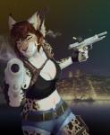 9mm aiming aiming_at_viewer amber_eyes anthro bottomwear breasts brown_hair bullet_casing cigarette cleavage clothed clothing cosplay crop_top dual_wielding female grin gun gunslinger hair handgun holding_gun holding_handgun holding_object holding_pistol holding_ranged_weapon holding_weapon holster hotpants looking_at_viewer midriff night object_in_mouth outside pistol ranged_weapon shell shirt shorts smile smoking smoking_cigarette smoking_gun solo topwear weapon jeanwoof beretta black_lagoon revy_(black_lagoon) zaire_(nightdancer) felid feline lynx mammal absurd_res crossover hi_res