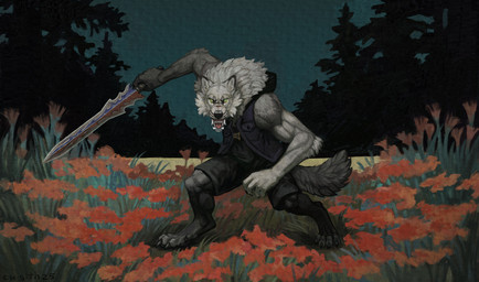 anthro claws clothing evil_grin fangs field flower fluffy fluffy_tail forest forest_background fur glowing glowing_eyes grey_body grey_fur grin jewelry male melee_weapon muscular nature nature_background necklace plant red_flower smile solo sword tail teeth tree weapon yellow_eyes cu_sith_(artist) mythology canid canine canis mammal mythological_canine mythological_creature werecanid werecanine werecreature werewolf wolf hi_res