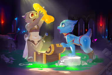 anthro bent_over bodily_fluids clothing collar detailed_background dildo drooling duo female flat_chested heart_symbol navel open_mouth pussy_throb saliva sex_toy torn_clothing treasure shnider kobold reptile scalie 2020 hi_res