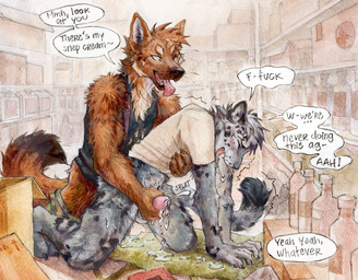 anal anal_penetration anthro barista bodily_fluids bottomwear brown_body brown_fur camo camo_bottomwear camo_clothing camo_print camo_shorts clothing coffee_shop cum cum_while_penetrated dialogue duo erection fangs fur genital_fluids genitals glans grey_body grey_fur handjob humanoid_genitalia humanoid_penis male male/male markings pattern_bottomwear pattern_clothing pattern_shorts penetration penile penile_penetration penis penis_in_ass reach_around saliva saliva_string sex shirt shorts speech_bubble spots spotted_body spotted_fur t-shirt teeth text tongue tongue_out topwear unprofessional_behavior akatan_art canid canine canis domestic_dog felid german_shepherd herding_dog mammal pantherine pastoral_dog snow_leopard english_text hi_res traditional_media_(artwork)