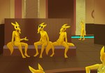 anthro black_eyes casual_masturbation casual_nudity group male masturbation public public_masturbation public_nudity relaxing sauna sitting social_nudity spread_legs spreading trio walking yellow_body metal_(artist) alien alien_humanoid humanoid skarak 2023 hi_res