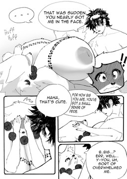 anthro areola big_areola big_breasts biped blush blush_lines bodily_fluids breast_markings breasts covering covering_face dialogue duo embarrassed exclamation_point female female_anthro fur hair hand_on_face huge_breasts human_on_anthro hyper hyper_breasts interspecies inverted_nipples lying male male/female markings nipples nude on_back size_difference speech_bubble stuttering text realius bakki_(realius) canid canine fox human mammal black_and_white comic english_text halftone hi_res monochrome pen_(artwork) traditional_media_(artwork)