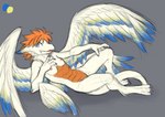 4_wings anthro areola blue_eyes breasts fangs feathered_wings feathers female hair lying multi_wing nipples nude on_back orange_body orange_hair orange_scales scales simple_background small_breasts solo tail teeth white_body white_feathers wings sealer4258 mana_(series) mythology secret_of_mana square_enix dragon flammie mythological_creature mythological_scalie scalie colored flat_colors full-length_portrait hi_res portrait