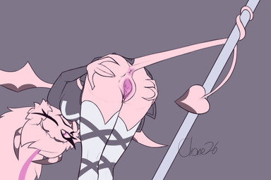 anus bent_over bottomwear butt clothed clothing female genitals hair horn no_underwear one_eye_closed partially_clothed pointed_tail pole ponytail prehensile_tail presenting presenting_vulva skirt solo spade_tail spread_butt spread_vulva spreading stripper_pole tail tail_under_skirt vulva wings wink clone26 hellaverse helluva_boss verosika_mayday demon humanoid succubus 3:2 hi_res