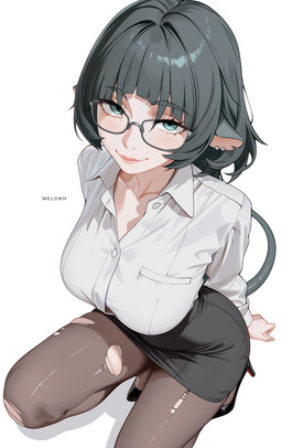 big_breasts black_hair blue_eyes bottomwear breasts clothing collarbone crouching ear_piercing ear_stud eyebrow_through_hair eyebrows eyelashes eyewear female footwear glasses hair high_heels legwear piercing shirt shoes skirt smile solo topwear torn_clothing torn_legwear translucent translucent_hair melowh mihoyo zenless_zone_zero jane_doe_(zenless_zone_zero) animal_humanoid humanoid mammal mammal_humanoid murid murid_humanoid murine murine_humanoid rat_humanoid rodent rodent_humanoid thiren 2026 absurd_res hi_res