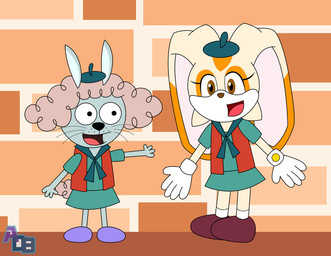 anthro asteriskdatboi clothed clothing cosplay crossover_cosplay dot_pupils dress duo female floppy_ears fluffy fluffy_hair front_view gloves hair hand_holding handwear hat headgear headwear long_ears looking_at_viewer lop_ears medium_hair open_mouth open_smile scut_tail short_tail simple_eyes smile tail teeth whiskers young young_anthro young_female funnismonkis camp_lazlo cartoon_network sega sonic_the_hedgehog_(series) sonic_x amber_(camp_lazlo) cream_the_rabbit lagomorph leporid mammal rabbit crossover monochrome