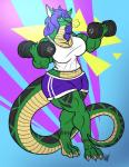 anthro breath bulge clothed clothing exercise gynomorph hair intersex looking_at_viewer muscular muscular_anthro muscular_gynomorph muscular_intersex smile solo standing weightlifting wide_hips workout eda lizard reptile scalie hi_res