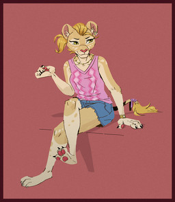 3_toes anthro barefoot blonde_hair bottomwear brown_body brown_eyes brown_fur claws clock clothing crossed_legs denim denim_bottomwear denim_clothing denim_shorts ear_tuft feet female finger_claws fur hair hotpants long_tail looking_aside pawpads paws pink_pawpads shirt short_hair shorts simple_background sitting snout soles solo tail tail_tuft tank_top toe_claws toes topwear tuft watch wristwatch ruffu anina_(ruffu) felid lion mammal pantherine digital_drawing_(artwork) digital_media_(artwork)