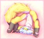 anthro ass_up blush butt chest_tuft claws feet female flat_chested fluffy fluffy_tail fur genitals grey_hair hair hindpaw kemono leg_markings looking_through looking_through_legs markings navel nude open_mouth pawpads paws pink_background pussy simple_background socks_(marking) solo tail teal_eyes tuft upside_down white_body white_fur yellow_body yellow_fur young young_anthro hazukikai noel_(hazukikai) canid canine fox mammal hi_res