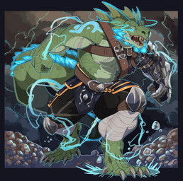 5_toes abs anthro arm_tattoo armor belt blue_glow blue_spikes bottomwear chest_scar clothing color_change electricity electricity_manipulation elemental_manipulation feet fighting_pose gauntlets gloves green_body handwear harness knee_guards leg_wrap loincloth magic male muscular muscular_anthro muscular_male open_mouth pecs pose scar sharp_teeth shoulder_tattoo solo tail tail_ridge tassets tattoo teeth toes kitnkamoodle dungeons_and_dragons hasbro wizards_of_the_coast erenok_(kilyion) lizardfolk_(dnd) lizardman scalie 2023 digital_media_(artwork) hi_res