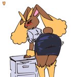 anthro bent_over blush bottomwear brown_body brown_fur butt butt_focus clothing cotton_tail female fluffy fluffy_ears fur office office_clothing office_lady pencil_skirt red_eyes secretary shaking_butt skirt solo heartear18 nintendo pokemon generation_4_pokemon lagomorph leporid lopunny mammal pokemon_(species) rabbit hi_res