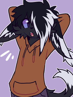 anthro black_body black_eyes black_fur black_hair black_nose blue_sclera bottomwear brown_clothing brown_hoodie brown_topwear cheek_tuft clothing facial_tuft fur hair hands_behind_head hoodie inner_ear_fluff long_ears male multicolored_hair open_mouth pants simple_background solo teeth topwear tuft two_tone_hair two_tone_tail white_hair kingsillysmilez unknown_species 2024 3:4 colored colored_sketch digital_drawing_(artwork) digital_media_(artwork) flat_colors hi_res sketch