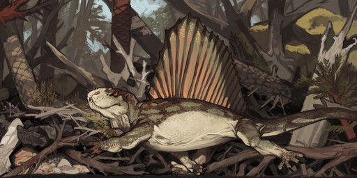 5_toes ambiguous_gender black_claws brown_markings claws countershading day dewlap_(anatomy) dorsal_frill fallen_tree feet feral forest frill_(anatomy) green_body green_scales markings membrane_(anatomy) membranous_frill orange_eyes outside plant quadruped running scales side_profile solo teeth toes tree whiskers white_body white_countershading white_scales mossa dimetrodon pelycosaur prehistoric_species sphenacodontid synapsid 2021 absurd_res hi_res