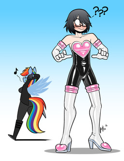 alternate_costume anthro armwear big_breasts black_boots black_clothing black_footwear black_gloves black_hair black_handwear black_jacket black_latex black_skinsuit black_topwear boots breasts clothed clothed_anthro clothed_female clothed_human clothed_male clothing clothing_swap cosplay crossdressing duo elbow_gloves eyewear female footwear glasses gloves hair handwear high_heeled_boots high_heels jacket latex latex_armwear latex_boots latex_clothing latex_elbow_gloves latex_footwear latex_gloves latex_handwear latex_legwear latex_skinsuit latex_thigh_boots latex_thigh_highs legwear male multicolored_hair multicolored_tail musical_note musical_symbol pink_eyes pink_latex rainbow_hair rainbow_tail shoes skinsuit symbol tail thigh_boots thigh_highs tight_clothing topwear walking wearing_glasses white_armwear white_clothing white_elbow_gloves white_gloves white_handwear white_latex white_legwear white_thigh_boots white_thigh_highs wings lettuce_(artist) friendship_is_magic hasbro my_little_pony mythology sega sonic_the_hedgehog_(series) rainbow_dash_(mlp) rouge_the_bat equid equine human mammal mythological_creature mythological_equine pegasus 2026 absurd_res hi_res