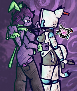 4_arms abstract_background anthro bisexual_pride_colors blush breasts caressing_face duo exposed_breasts female female/female fur green_body green_fur handles_on_back leash leash_pull lgbt_pride machine multi_arm multi_limb pride_colors purple_body smug_face spiral_background tail thong_straps mintymal_ink miau_242 psylocyb arthropod humanoid insect lepidopteran robot robot_humanoid hi_res