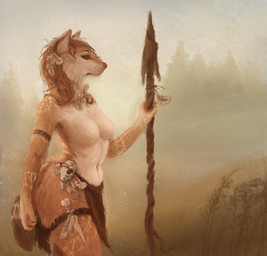 anthro bone bottomwear breasts clothed clothing dagger feathers featureless_breasts female fog grass hair inner_ear_fluff loincloth melee_weapon outside plant polearm side_view solo spear standing topless tree tribal tribal_clothing tuft weapon raventenebris canid canine mammal 2017 hi_res
