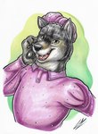 absurd_res anthro big_bad_wolf_(shrek) canid canine canis clothed clothing copic_markers crossdressing digital_media_(artwork) drawing dreamworks dress fangs from_front_position fur green_eyes grey_body grey_fur hand_on_cheek happy hi_res illustration looking_at_viewer lupiarts male mammal multicolored_body multicolored_fur open_mouth pawpads pink_clothing pink_dress pose shrek_(series) signature smile smiling_at_viewer solo teeth traditional_media_(artwork) two_tone_body two_tone_fur white_body white_fur wolf